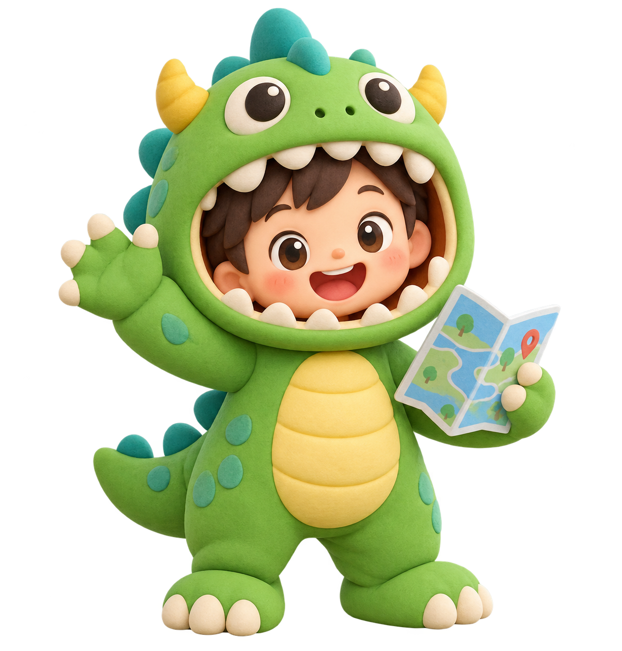 地図を持った、怪獣の着ぐるみを着た子どものキャラクター、アソビバブベボ